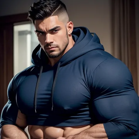 a very handsome man, tall, serious, with a Mid fade haircut, with massively large muscles, with a massively large, defined and muscular body, with massively large and muscular arms, with a massively large and wide chest, with massively large biceps, wearin...