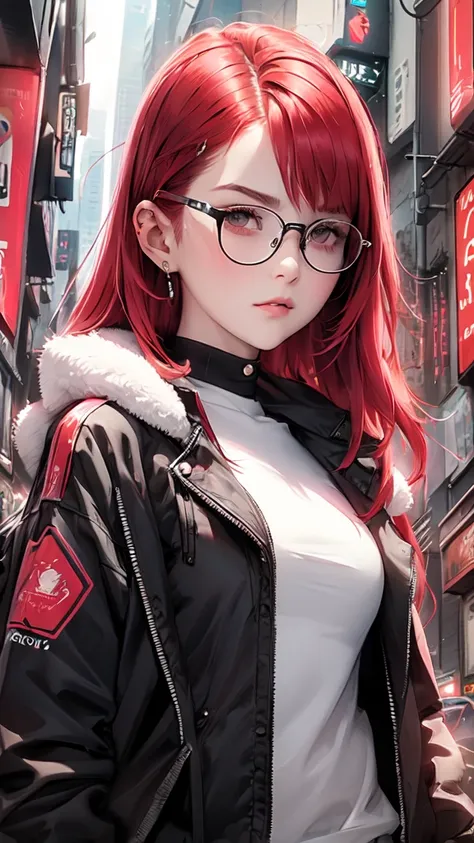 girl, long soft red hair, gray eyes, sharp features, glasses, white skin, smooth and delicate, cherry lips, jacket cyberpunk, up...