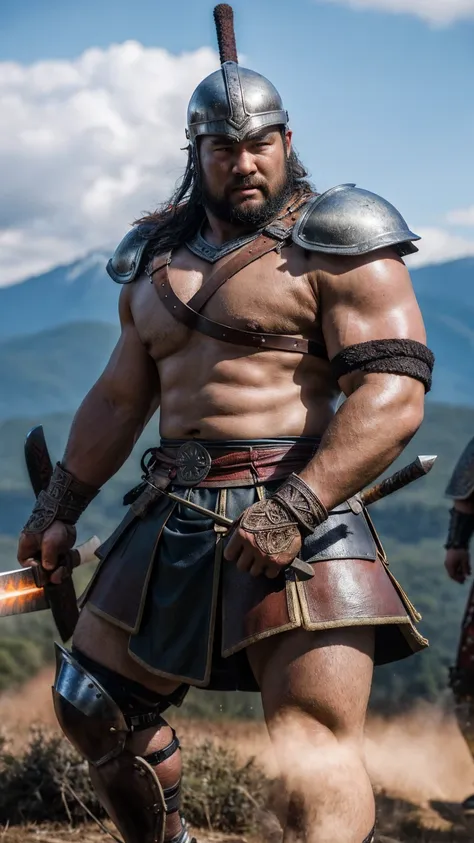 looking at me, face focus, a fat gentle barbarian, mid combat, he is a japanese barbarian, intense battle scene, leather armor, ...