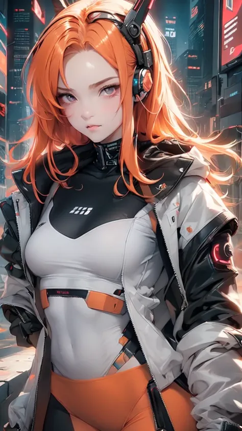 girl, long soft orange hair, gray eyes, sharp features, headphone, white skin, smooth and delicate, cherry lips, jacket cyberpun...