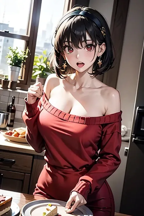 masterpiece, yor, 1girl, Amazing Cleavage:1.3, thin waist, big ass, Raised sexy, medium breast: 1.8 posed cleavage:1.2、solo, looking at viewer, open mouth, have a cup of coffee,black hair, red eyes, dress, bare shoulders, jewelry, collarbone, sidelocks, ha...