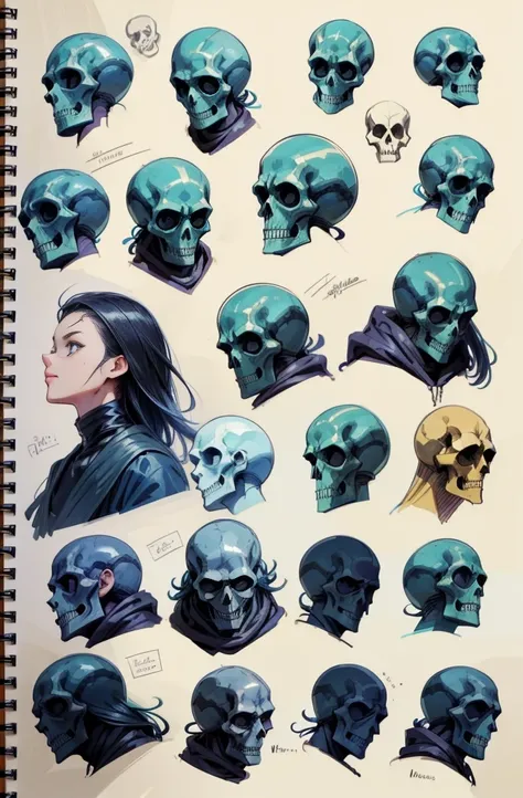 sketches of cartoon characters drawn in a notebook with a pencil, studies, alien skulls, face doodles, concept sheet, sketches, doodles, vey detailed faces, many heads, cosmic horror concept art, heads, character design sheet, skull faces, dissection sketc...