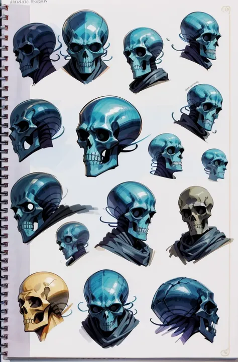 sketches of cartoon characters drawn in a notebook with a pencil, studies, alien skulls, face doodles, concept sheet, sketches, doodles, vey detailed faces, many heads, cosmic horror concept art, heads, character design sheet, skull faces, dissection sketc...