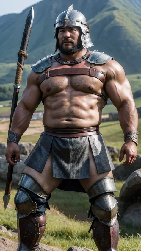 looking at me, face focus, a fat gentle barbarian, mid combat, he is a japanese barbarian, intense battle scene, leather armor, ...