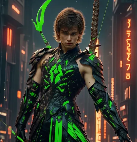 (ultra realistic,32k, masterpiece:1.2, UHD),(high detailed skin:1.1),( high quality:1.1), 1 boy, brown short raw cut hairs, brown eyes, green techno fantasy armor, cyberpunk, techno fantasy bow with ((energy bow arch)),((energy arrows)), caucasian race, li...