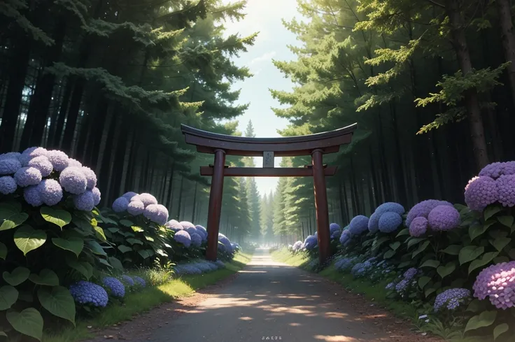 highest quality, Super detailed, (Ultra-high resolution,8K), torii, hydrangea, forest