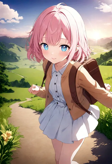 Stable Diffusion prompt: anime female girl traveler,illustration or 3D rendering,adventurous spirit,cute detailed eyes and face,vibrant colors,soft lighting,best quality,HD,content smile,journey,suitcase,pink hair,bow,exploring,beautiful detailed lips,styl...