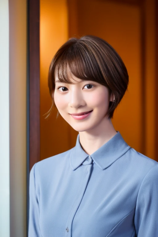 ((highest quality, 8k, masterpiece: 1.3)), Ultra-realistic, Skinny Japanese woman, 30 years old, 1 girl, The beauty of slim abs: 1.3, (Hairstyle Brown Hair Short Cut, big: 1.2), dress: 1.1, Super slender face, Delicate eyes, double eyelid, smile, Home, RAW...