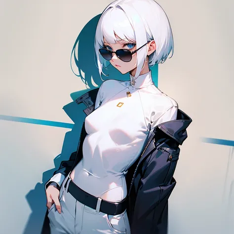 woman,short hair,(white hair),blue eyes,small breasts,Wear white trousers.,เสื้อblack,Wear sunglasses.(black)