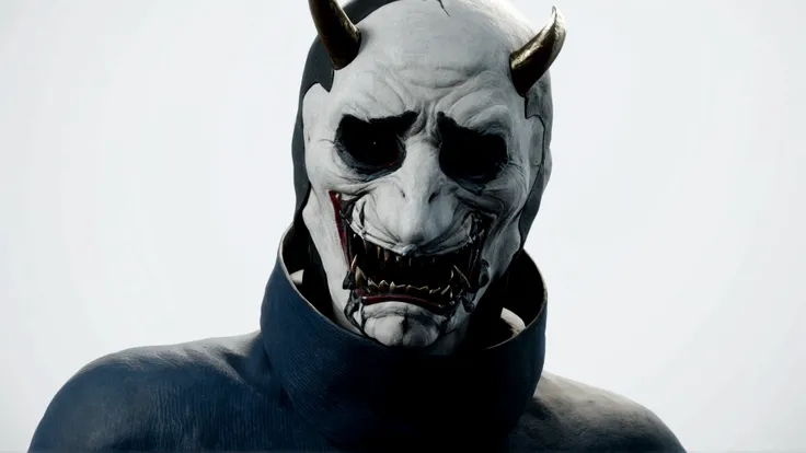 there is a man wearing a mask with horns on it, highley detailled face, ultra detailed content : face, blue face unreal engine, menacing. unreal 5, villain wearing a red oni mask, insane detail, created in unreal engine 5, face of mad pulcinella, unreal en...