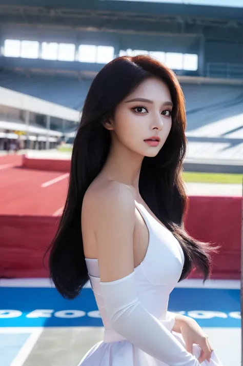 Tzuyu 1, woman, (Realistic), (Hyperrealism), (photoRealistic), Written boundary depth, eye make up:0.7 (whole body:1.2), (Large Bust),(Tight waist), Observe the audience,In the pits of a race track, Race Queen, A sexy dress with open shoulders and neckline