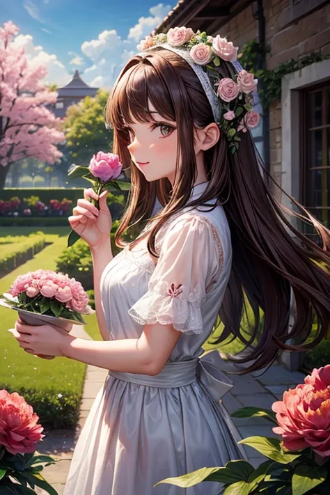 Beautiful brown hair woman holding peony flower in a garden