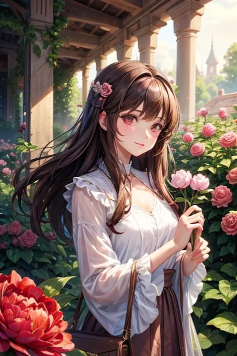 Beautiful brown hair woman holding peony flower in a garden