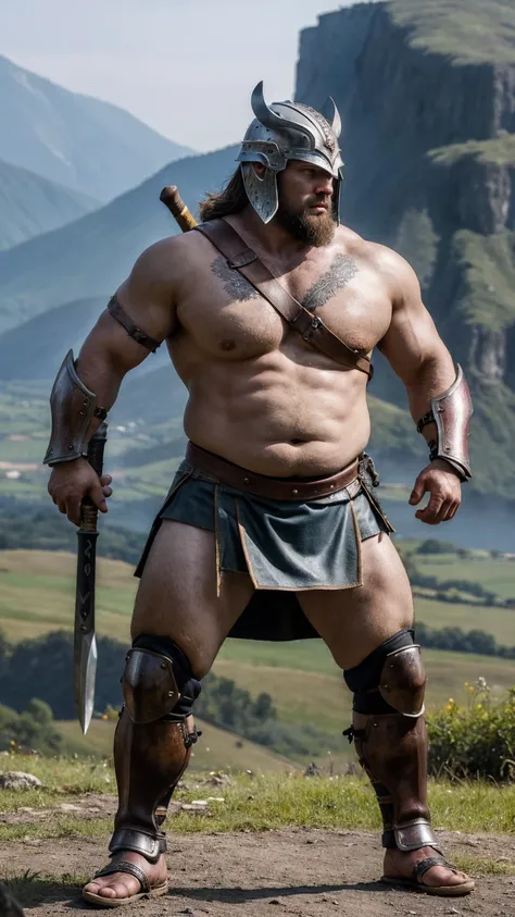 looking at me, face focus, a fat gentle barbarian, mid combat, intense battle scene, leather armor, viking helmet, armored short...