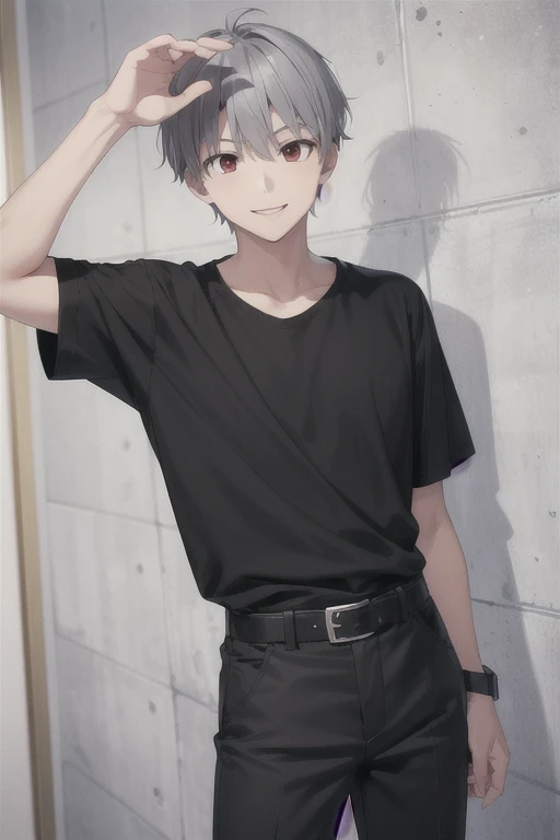 (((pixel-perfect, detail-perfect))), solo, 1boy, ranki kanzaki, black shirt, pants black, belts, smile, looking at viewer, grey hair, red eye