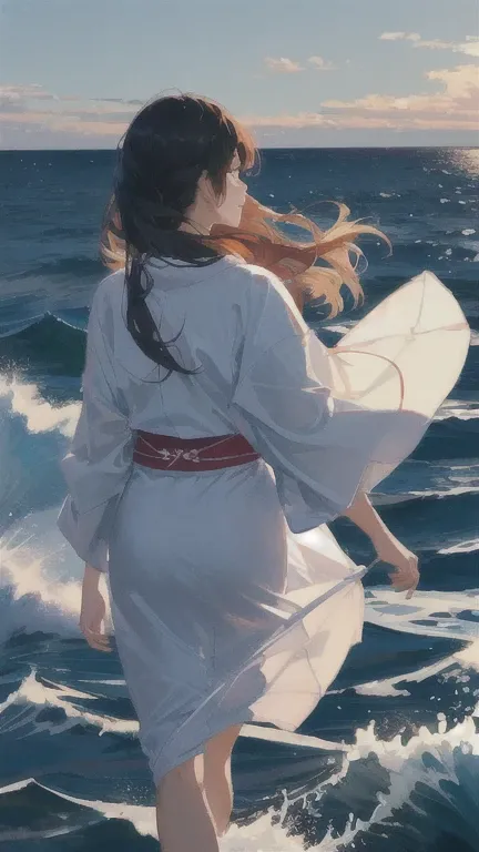 ((high_quality, masterpiece, great artwork))  jfzxp1, 1girl, from_behind, solo, colorful, dynamic_shot, long_hair, sky, wind, waves, melancolic, dreamlike, whales, yukata,