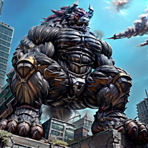 (masterpiece. official art. 8k. best quality. detailed full body. full body.)

(situation 1 : dominating demon lord dragon batzz. focus GIANT mechanical Muscular demon lord dragon batzz is trampling the CITY. Looking down. macro. stomp. Low-angle perspecti...