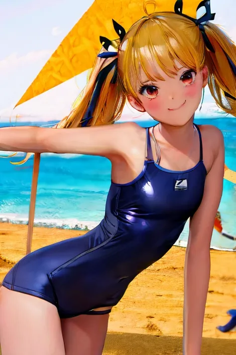 Wearing a competitive swimsuit、Beach、one piece、High leg、yellow、Twin tails