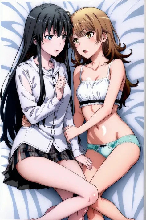 2 girls , bed,(Yukinoshita Yukino) , (Iroha issiki , brown hair) ,deep kiss , ,  check skirt, the skirt is rolled up, white panties ,light blue panties,