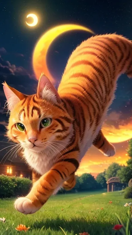 (masterpiece, highest quality:1.3), (16k, High resolution:1.3), orange striped cat running on grass, night sky, twinkling stars and crescent moon, intricate details, cinematic lighting, vibrant colors, fantasy, magical atmosphere