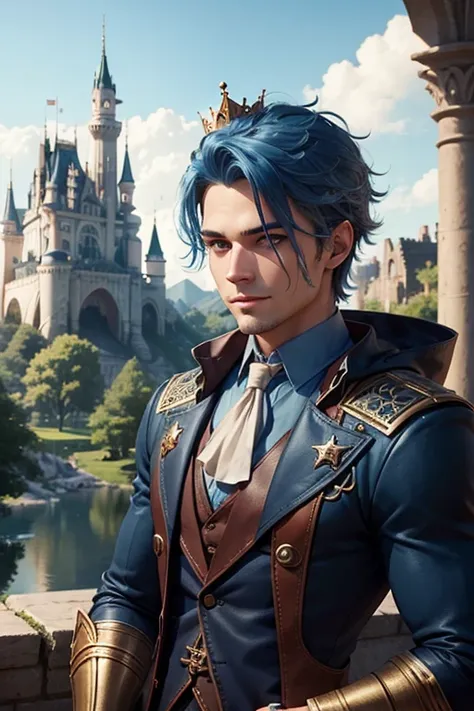 handsome blue faux hair man, wearing a crown, goth, hd, 3d, fantasy, castle in background, cgi, digital art, cute smile