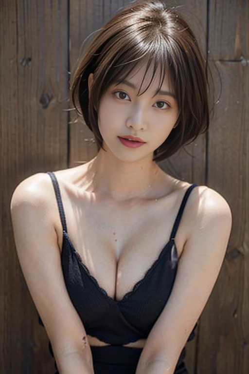 Women in their early 30s、Dark brown hair、short hair、Simple background、D cup breasts、Point on chest