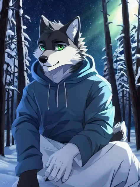 One 21 years old furry wolf anthro boy, black fur, Best quality, high quality, wears blue hoodie and grey farmer, has green eyes, best eyes, in the forest, Winter, snow in the forest, night sky, stars in the sky