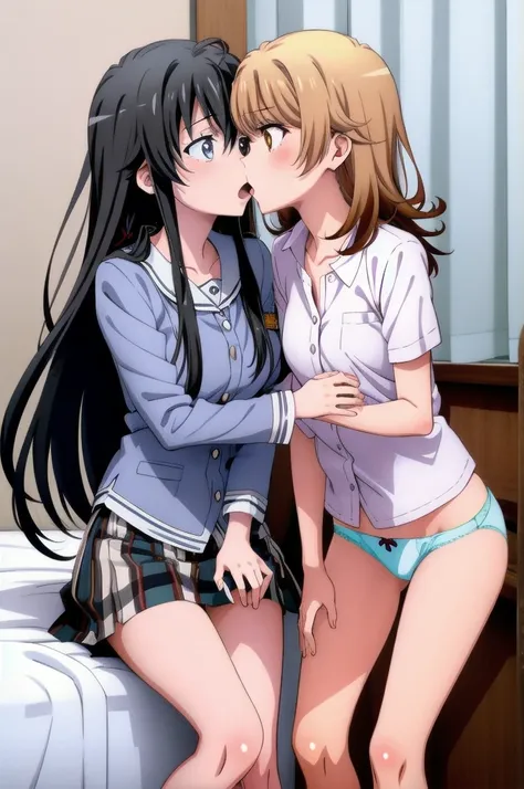 2 girls , bed, (Yukinoshita Yukino, surprised) ,(Iroha issiki , brown hair) ,(deep kiss) ,window ,  check skirt, the skirt is rolled up, white panties ,light blue panties,