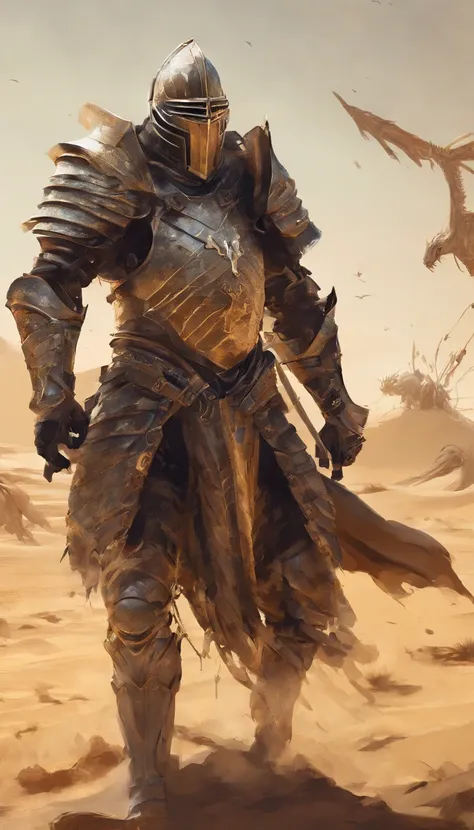 Fantasy, absurde, a highly detailed digital painting of a knight crusader fighting a huge monster scorpion on the sands of the middle eastern desert, extremely realistic, intricate armor, detailed facial features, dramatic lighting, warm desert colors, cin...