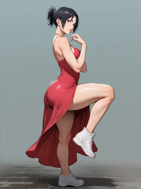 score_9, score_8_up, score_7_up, score_6_up, score_5_up, source_anime, solo, 1girl, tomboy, dress, annie leonhart,  attack on titan, lole, young, ((aged down)), black hair, black hair, bimbo, septum ring, huge tits, shorts, huge lips, big ass, ((bimbo)), i...