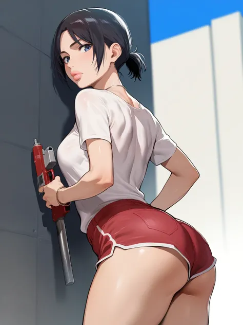 score_9, score_8_up, score_7_up, score_6_up, score_5_up, source_anime, solo, 1girl, tomboy, dress, annie leonhart,  attack on titan, lole, young, ((aged down)), black hair, black hair, bimbo, septum ring, huge tits, shorts, huge lips, big ass, ((bimbo)), i...