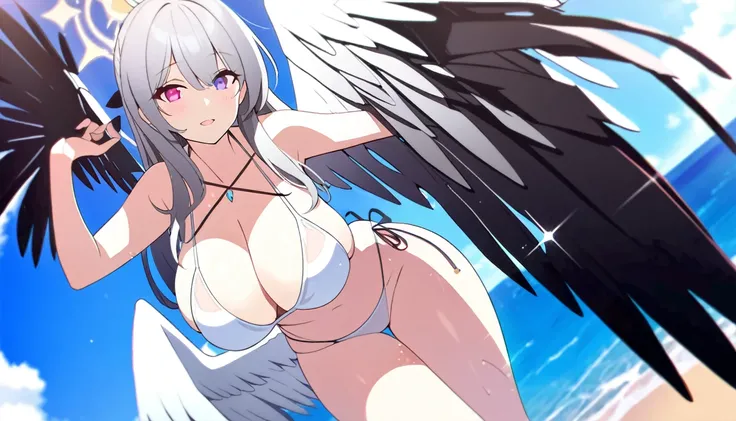 translucent, Good velvet quality, Compared, Divine Light,, Silver gray hair, Sky background, Absolute Strength,Female angels，White feather wings，Girls in sexy bikinis, at the seaside, Colorful jewel-like eyes.，Large Breasts，Full breasts，Golden ratio figure...