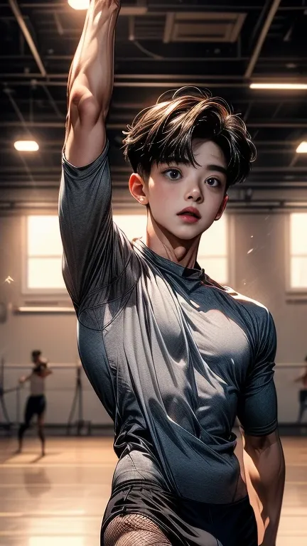 ((male  body)), ((((son dongpyo face and hair)))),  ((in dance practice room)),  ((practicing male ballet with long bulge)),  ((...