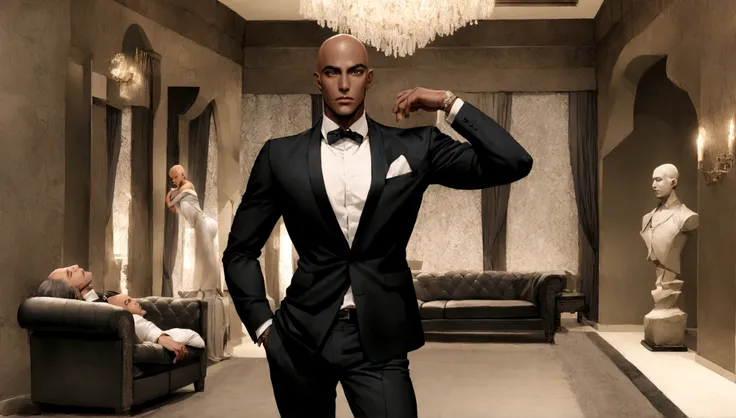 Arabian man in white shirt and black pants standing in a room, Tailored clothing, Gray pants and black dress shoes, Highly fashionable and masculine, formal dress, Slim man with dark skin, Bald, Handsome man, Male ratio, Beautiful and elegant, Black suit p...