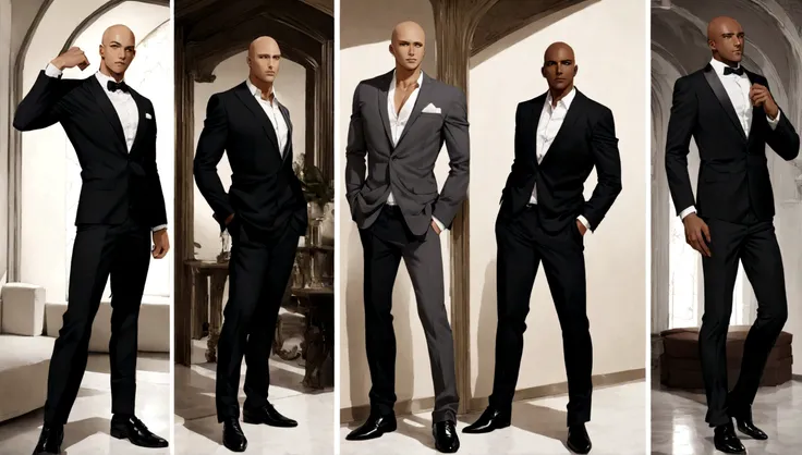 Arabian man in white shirt and black pants standing in a room, Tailored clothing, Gray pants and black dress shoes, Highly fashionable and masculine, formal dress, Slim man with dark skin, Bald, Handsome man, Male ratio, Beautiful and elegant, Black suit p...