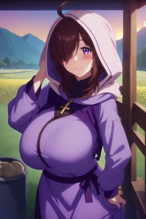 score_9, score_8_up, score_7_up, BREAK, source_anime,1girl,  field, sunset, solo focus,  smile, blush, standing, (from side),  looking at viewer, large breasts,  wizshadow, ahoge, hair over one eye,  cross, hood,  jewelry, long sleeves, purple dress, purpl...