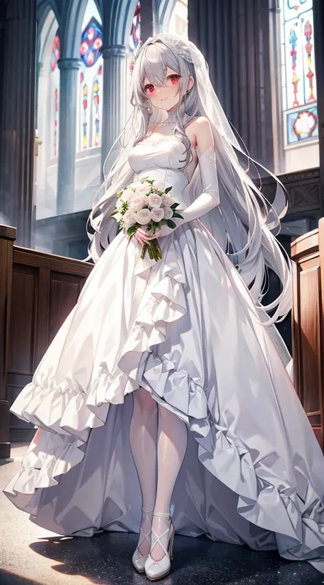 Gray Hair　Red Eye　Long Hair　Lori　slender　Wedding dress　White Stockings　White high heels　church　Beauty　cute　blush　smile　happy tears　bouquet