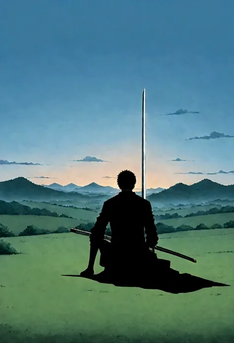 an image of a roronoa zoro(an one piece anime character by oda sensei) sitting on a grassy field holding a sword with trees in t...