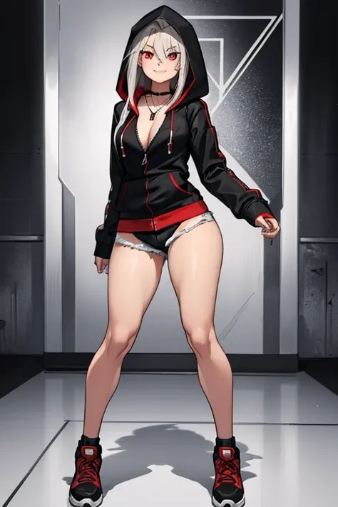 female, silver long hair with black highlights, red eyes, (((1girl))), (((red zip-up hoodie))), (black shirt), (red short shorts), (black sneakers), (necklace with chaos star pendant), cute and sexy, large breasts, large butt, full body, long legs, smiling