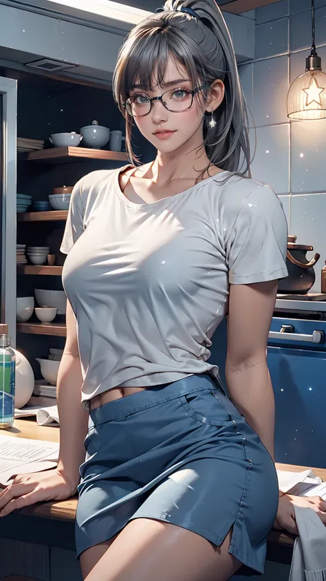 One Girl、Small breasts, wears thick-framed glasses that accentuate his facial features, Short hair, Ponytail and gray, Silver Shirt, She is wearing a tight shirt underneath her shirt, Vibrant color details reminiscent of stars and planets in space, Blue sk...