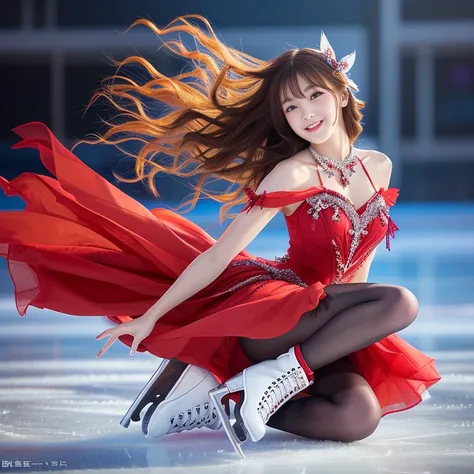 Photo-realistic quality、20-year-old Japanese idol wears a short dress on the ice, Ice Princess, Wearing figure skating shoes, Detailed and beautiful eyes、Cute smile、A soft and gentle look、looking at the camera、Beautiful Japanese Model