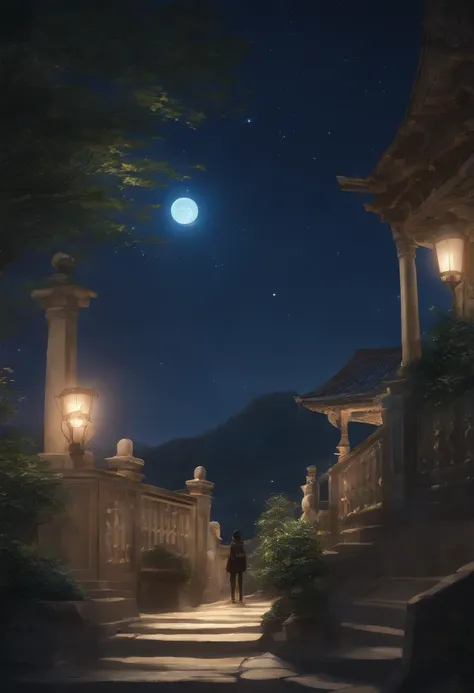 Condensed Beauty，Through the sky, Painting Starry Moon, concept art, inspired by Mitsuoki Tosa, winner of the pixiv competition, top quality, fantasy art, beautiful anime scene, bright moon, starry sky environment in moonlight, A Dream Painting, anime back...