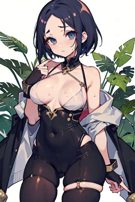 1 girl, high quality, (short hair), forehead, (medium breast), (straps on thighs:1.3), white background, plants, (stocking), (sweaty:1.1), (nipples:0.8), thick thighs, (middle Ages:1.2), (cameltoe:1.1)