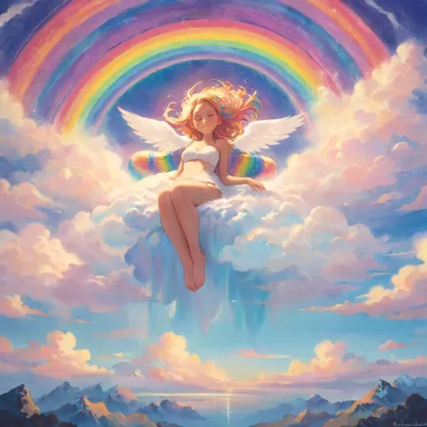 a stunningly ethereal woman, composed of a dazzling array of rainbow hues, reclines gracefully at the end of a radiant rainbow a...