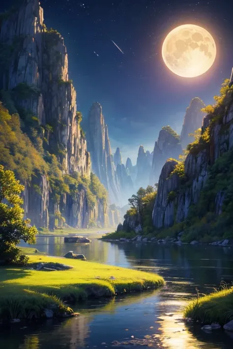 アジアの家のNight view, Vietnam, Vietnam, Hazan, moon, Lake in the foreground, quiet night, Green and Blue, Digital Illustration, Highly detailed digital art in 4K, Night view, anime art wallpaper 4k, anime art wallpaper 4k, 4K Detailed Digital Art, Natural scen...