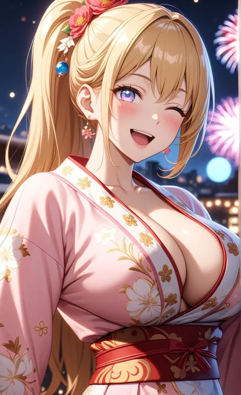 ((one personの女性)), Beautiful Face,Laughing embarrassedly,((Wink:2.0)),laugh with a big mouth,turn bright red,Glossy pink lips,night,rooftop,Festive decorations,You can see the ocean, firework,((Anime style background)),masterpiece, highest quality, so beau...