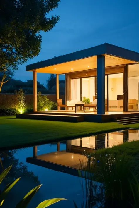 Modern style garden house at night, very beautiful.