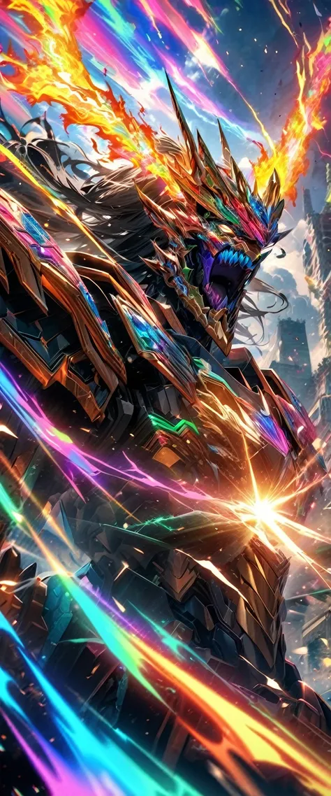 absurdres, highres, ultra detailed, HDR, masterpiece, extremely detailed face and eyes, colorful shinning golden diamond rainbow God Mecha armor dragon knight, Epic mecha Dragon mask,,colorful Black hair , , solo, ,man, handsome, , , Epic fight scene, colo...