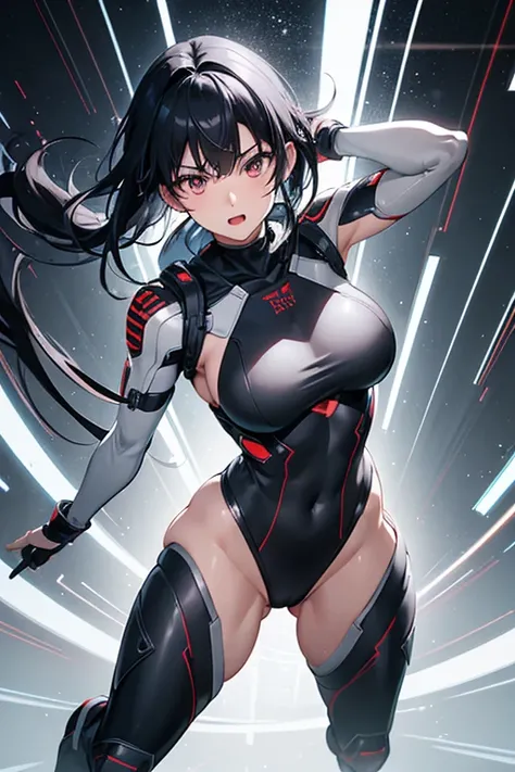 Nemuri Kayama as R-Rated Hero: Midnight in her tight light grey superhero outfit,black hair,excited,(best quality,masterpiece)+,score_9,score_8_up,score_7_up,extremely detailed CG unity 8k wallpaper,highly detailed,8k resolution,perfect anatomy,looking at ...