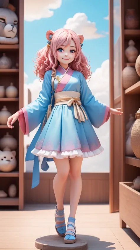 (masterpiece),(best quality),(Extremely detailed), (Full Body Love: 1.2), 1 cute girl, Big avatar，Qibi,Lovely, Very shy, Light blue curly hair,(beautiful eyes), Hanfu,Blue shirt, Pink skirt, lion, (坐在lion背上), Smile happily, Fly over the clouds，There are so...